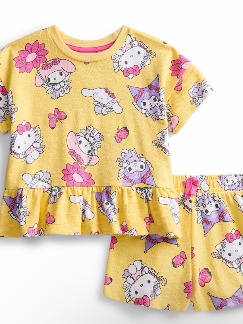 Hello Kitty Yellow Short Pajama Set with Pink & Purple Character Prints